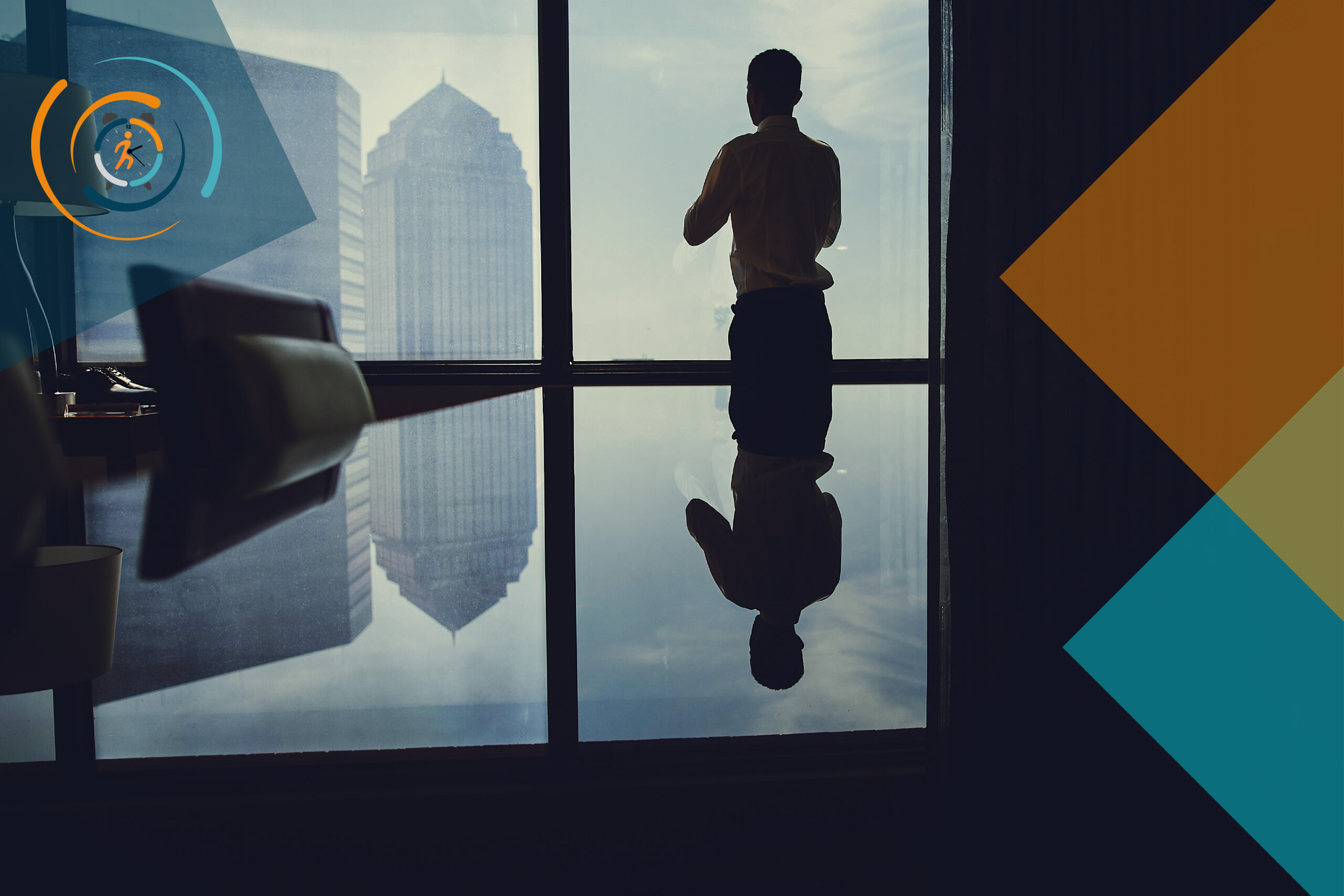 Dirigeant regardant l'horizon depuis son bureau, illustrant la réflexion, la liberté intérieure et la prise de recul face aux contraintes du management.