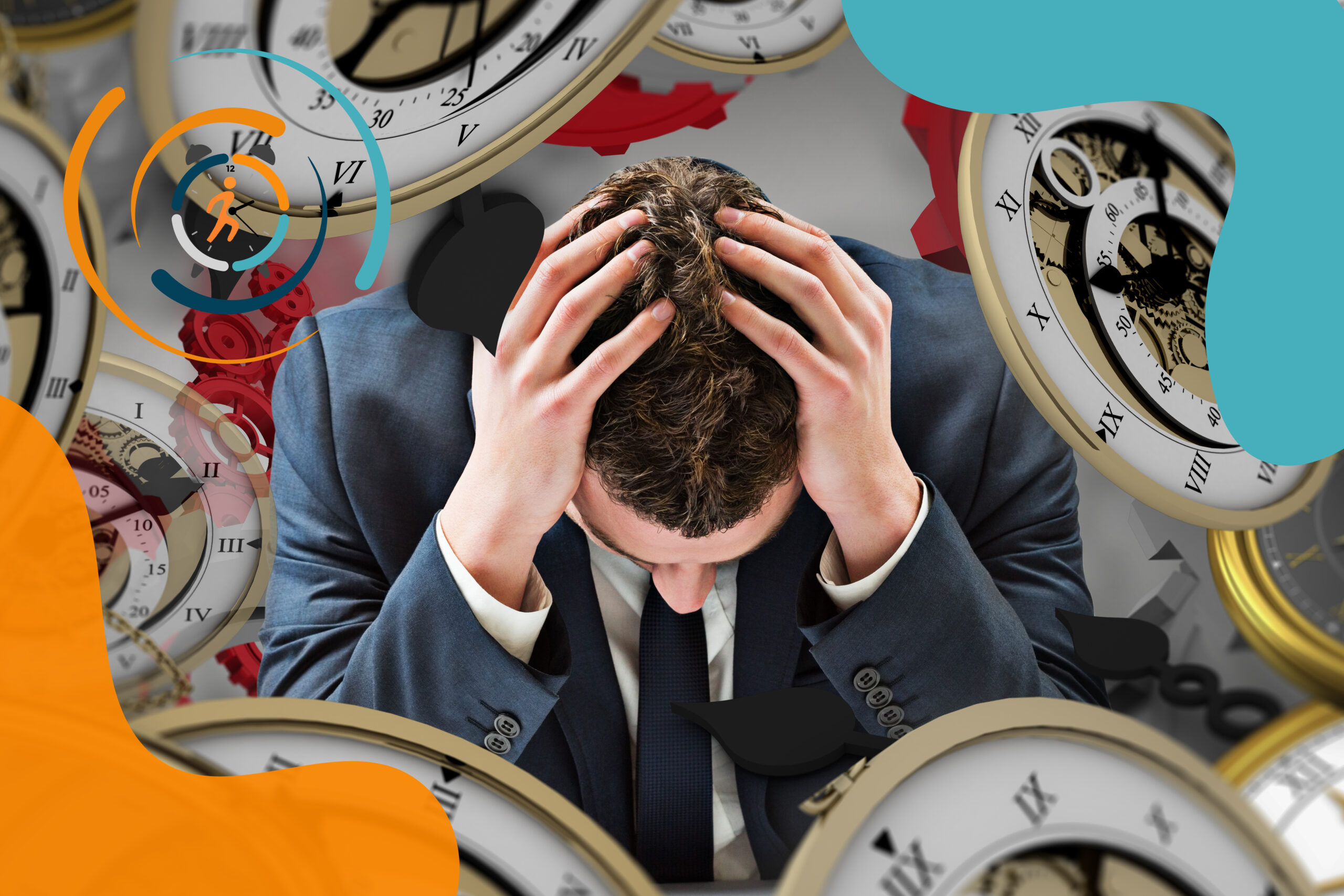 Dirigeant entouré d'horloges illustrant l'influence de la perception du temps sur la réflexion stratégique et la prise de décision.