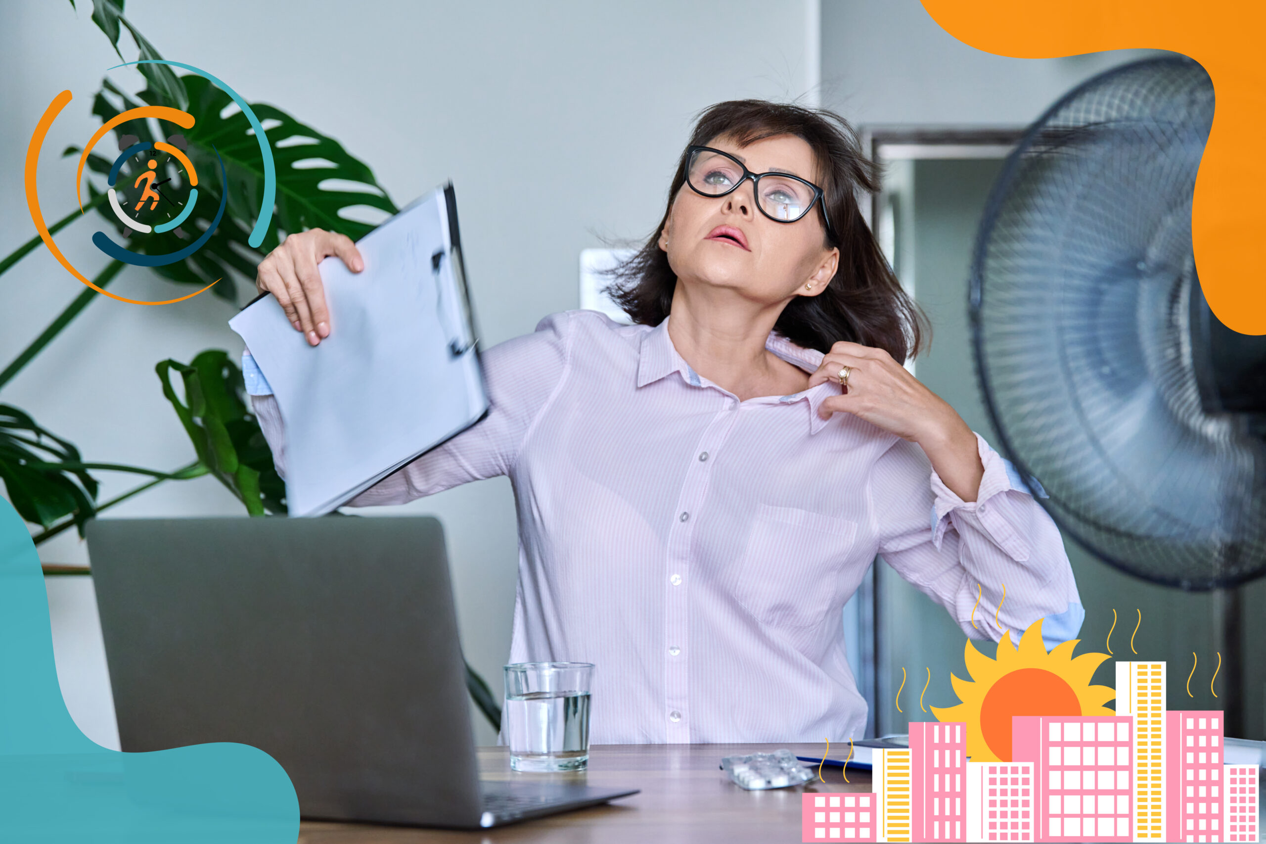 Manager au bureau confrontรฉe ร une forte chaleur, avec un ventilateur, un ordinateur portable et des รฉlรฉments graphiques illustrant la canicule et lโadaptation du travail.