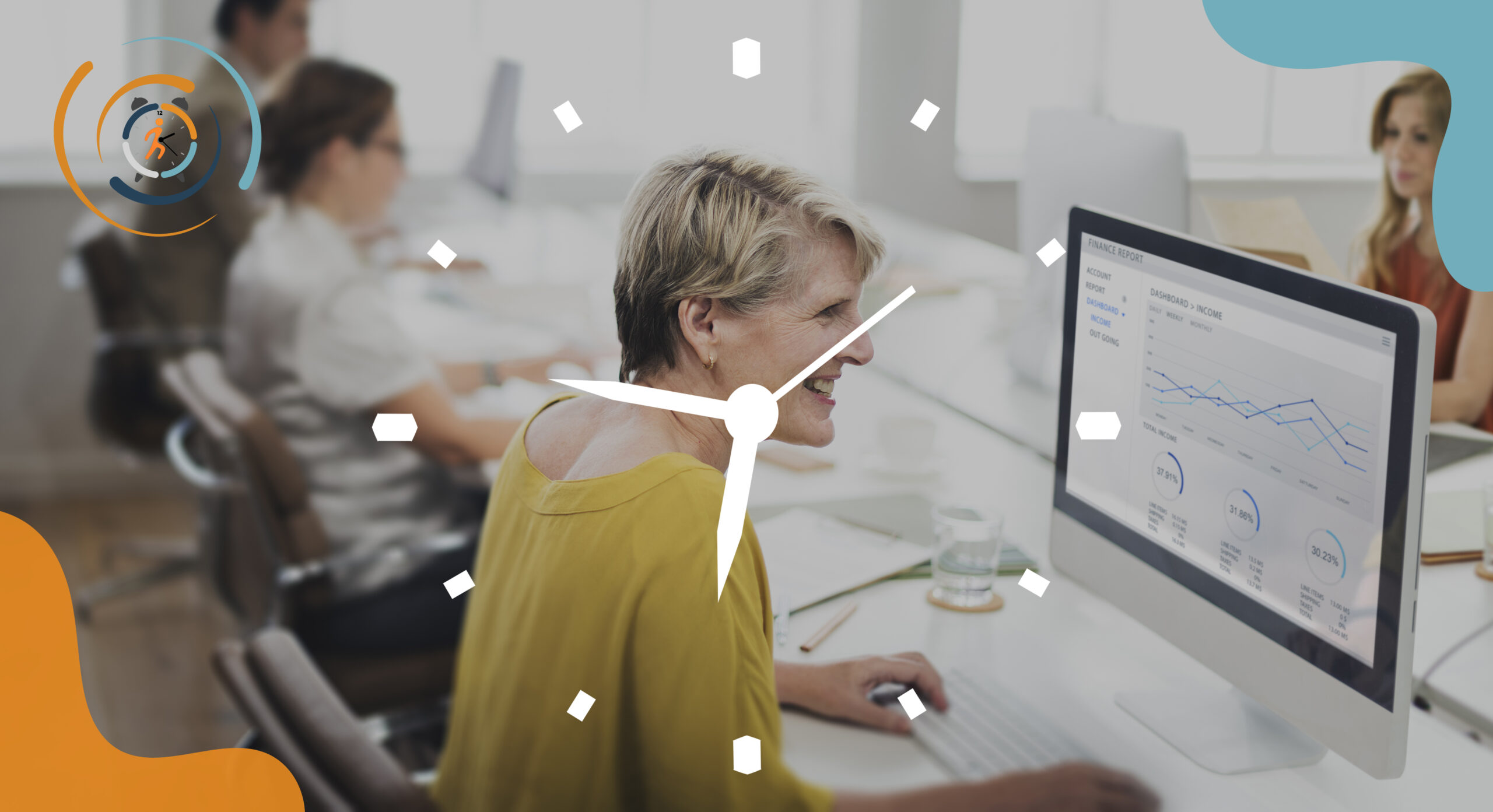 Manager travaillant sur ordinateur avec une horloge symbolisant la gestion du temps et lโorganisation du travail.